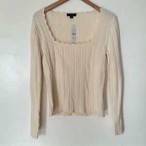 J. Crew Scalloped Square-Neck Pointelle Merino Wool Sweater Size M Old Money